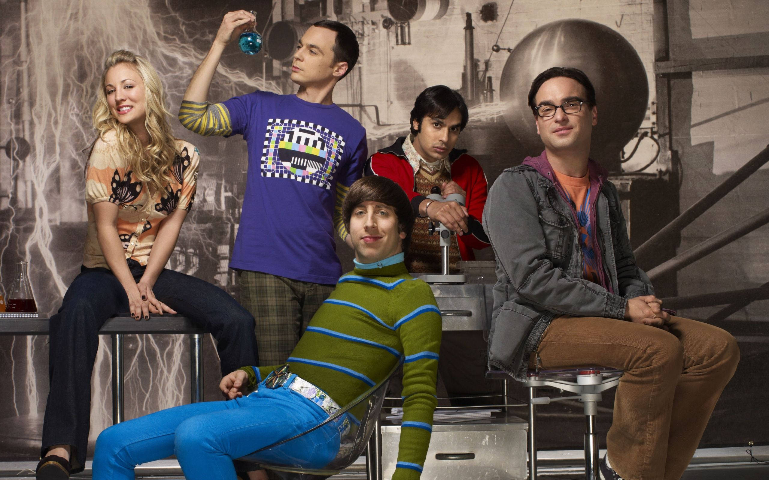 The Big Bang Theory, science lab, 1980s-style clothing, 2K Desktop Wallpaper