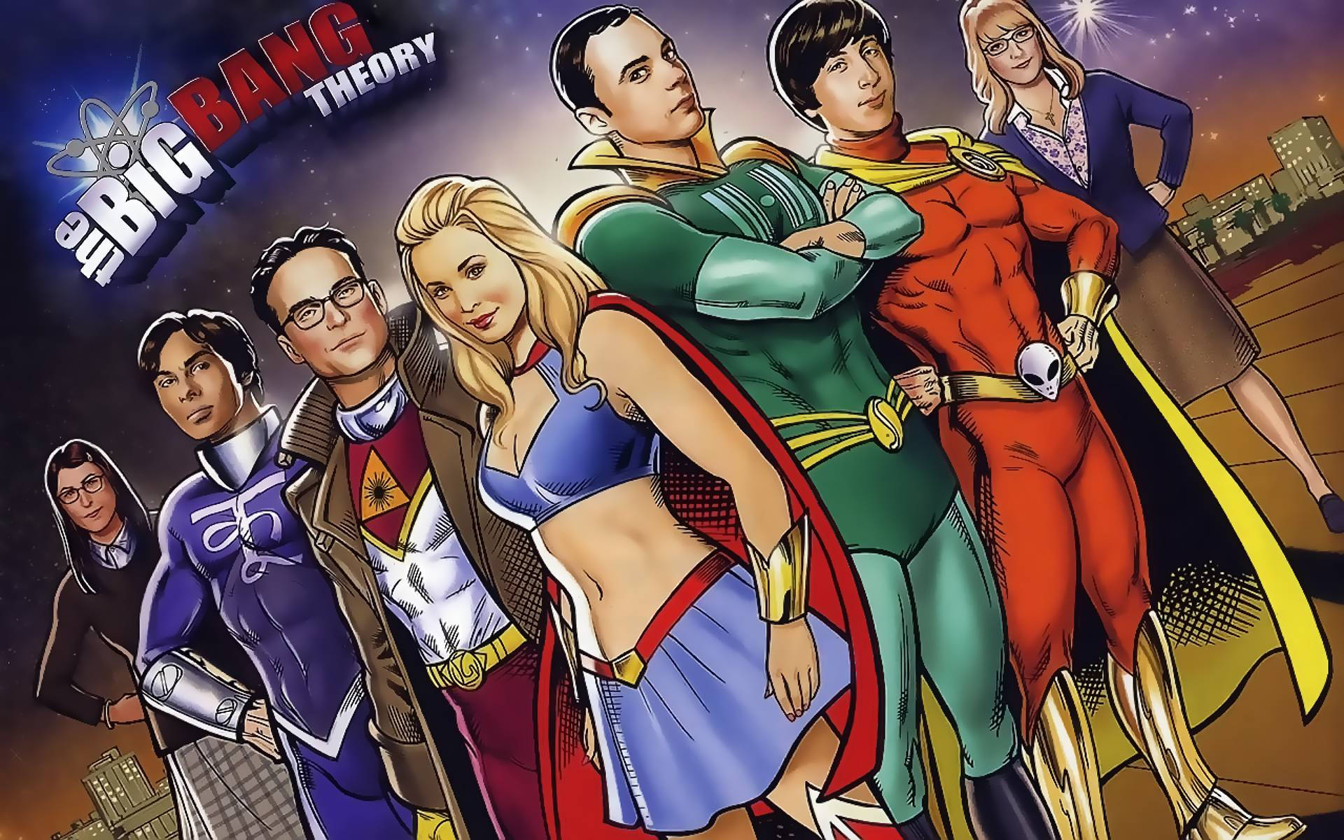 The Big Bang Theory, superhero costumes, city skyline, Full HD Desktop Wallpaper