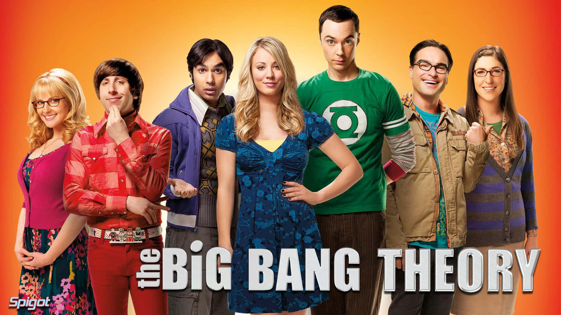 The Big Bang Theory, Six main characters, vibrant orange gradient background, Full HD Desktop Wallpaper