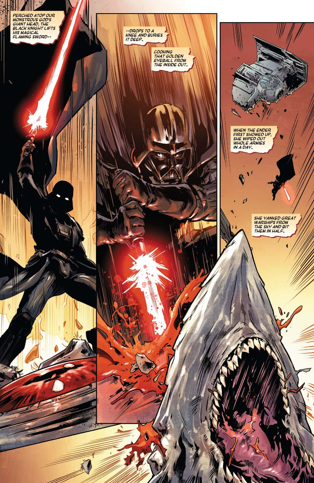 The Black Knight, red lightsaber, giant shark-like monster, HD Phone Wallpaper