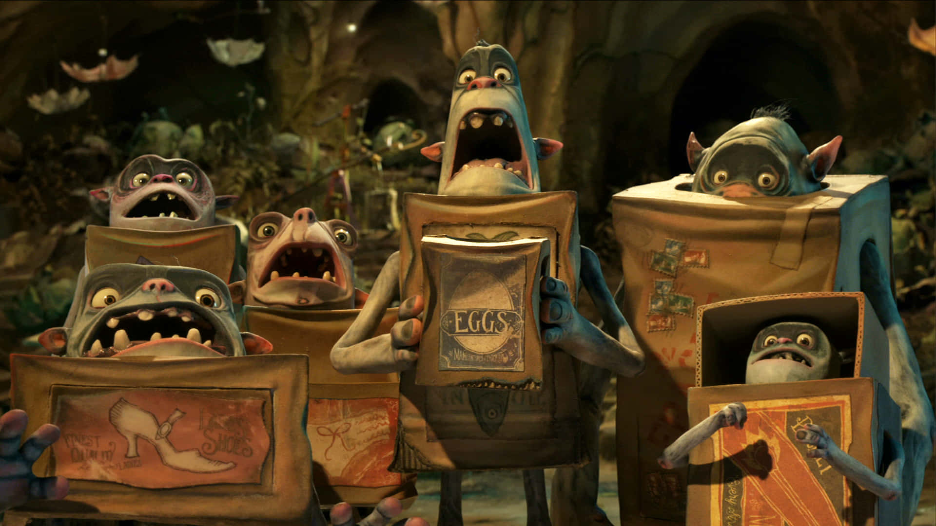 The Boxtrolls, cardboard boxes, dim cave, Full HD Desktop Wallpaper