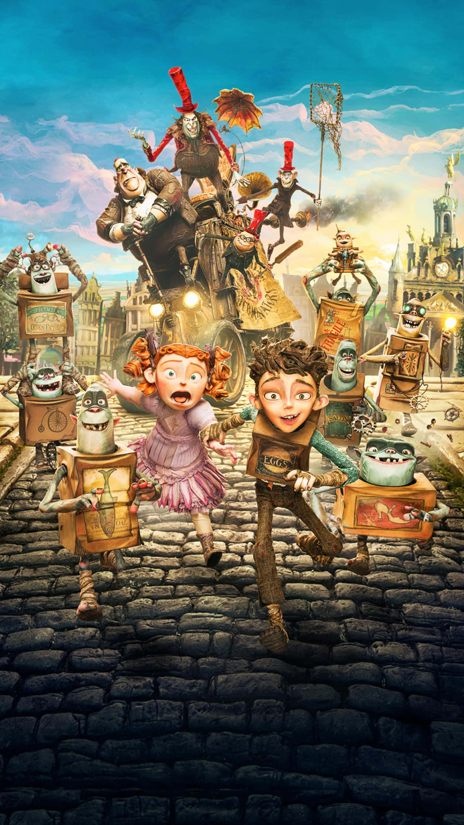 The Boxtrolls, cobblestone street, whimsical robot creatures, 2K Phone Wallpaper