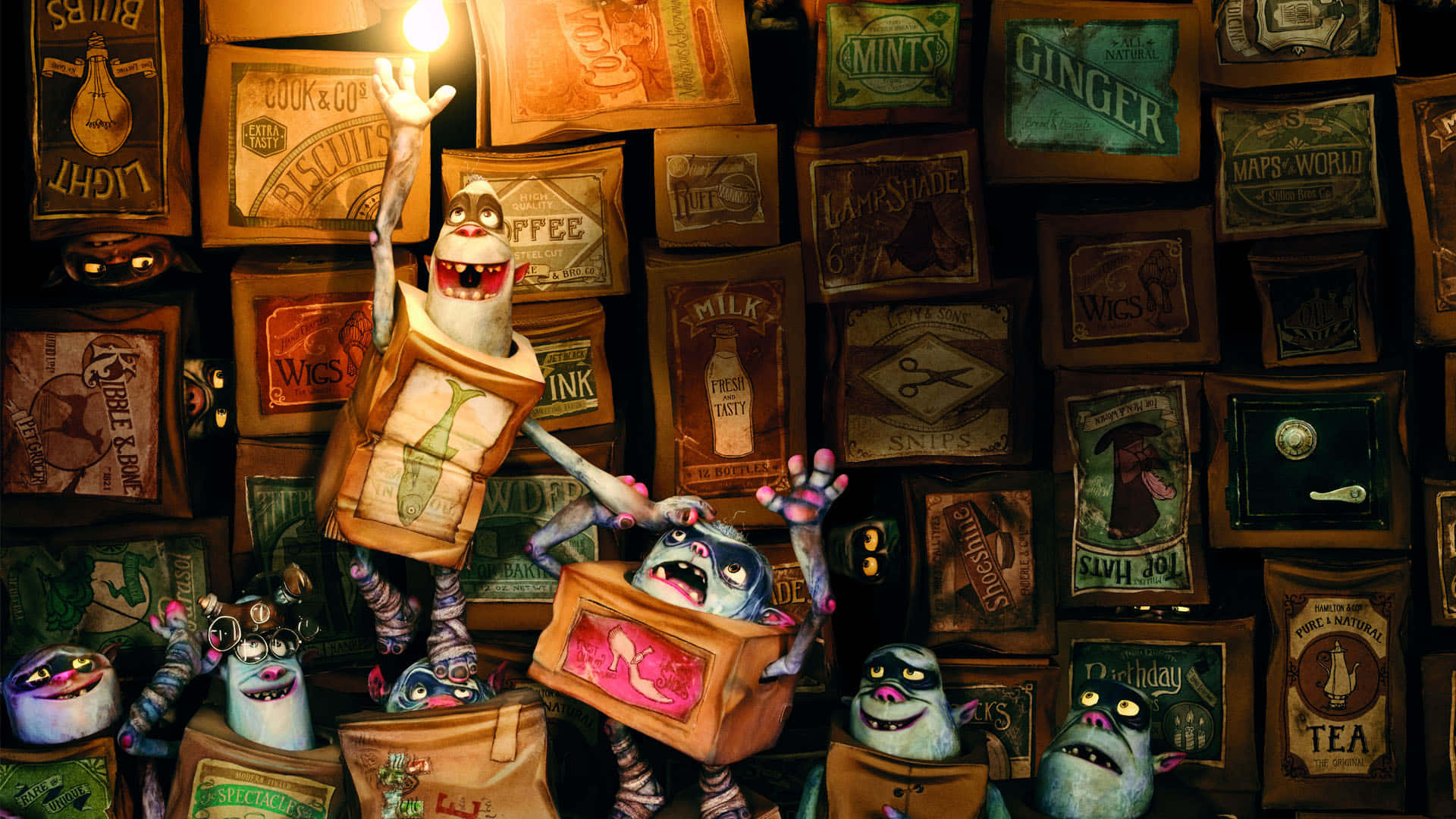 The Boxtrolls, vintage cardboard boxes, retro packaging, Full HD Desktop Wallpaper