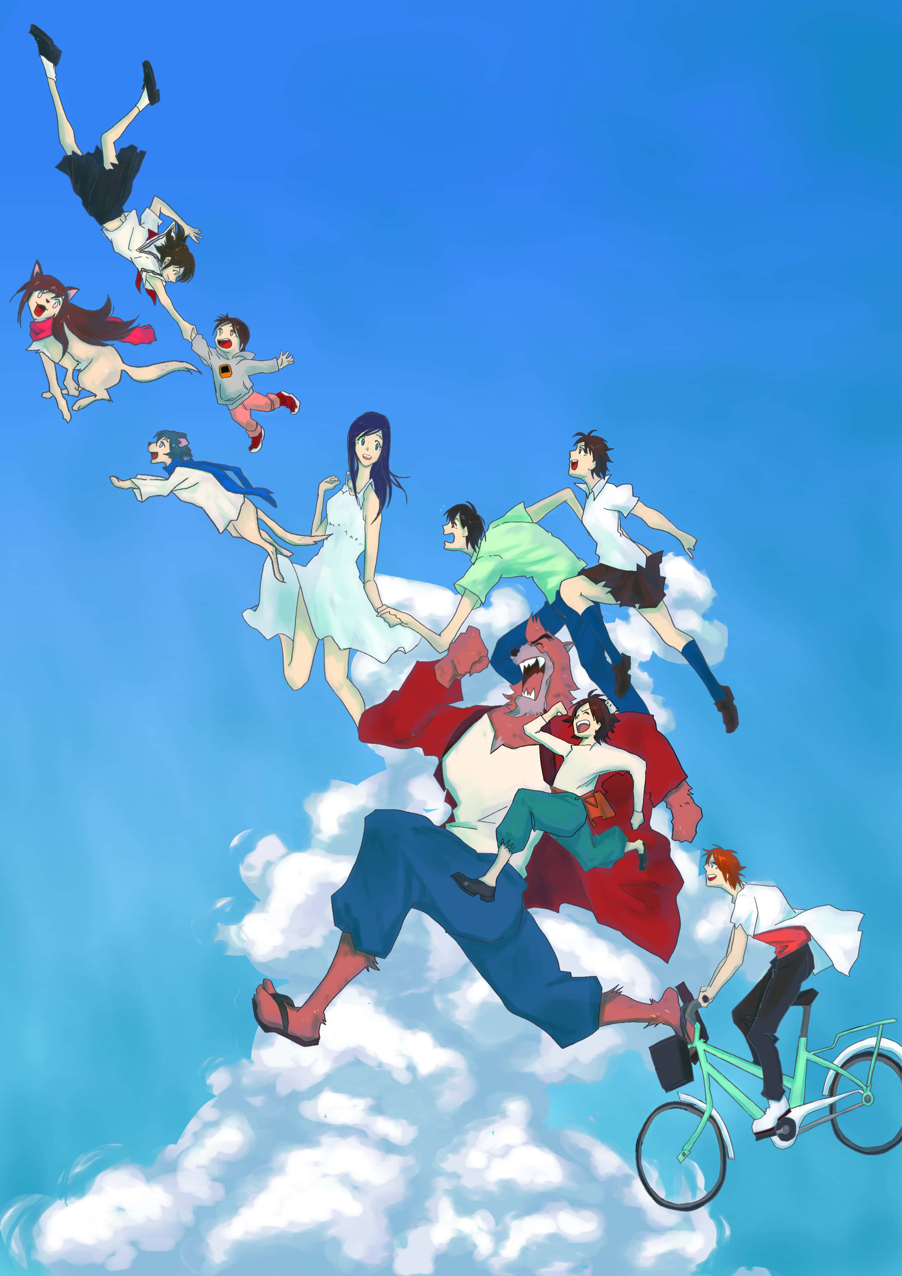 The Boy And The Beast, bright blue sky, fluffy white clouds, 4K Phone Wallpaper