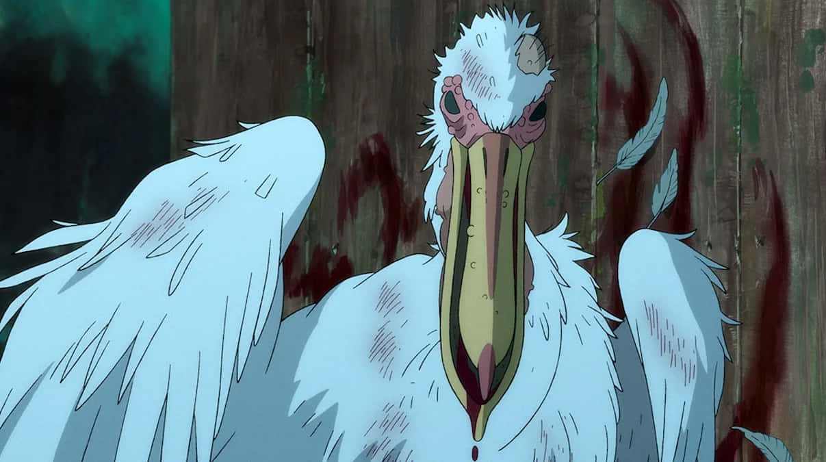 animated heron character, wounded white bird, bloody beak, SD Desktop Wallpaper