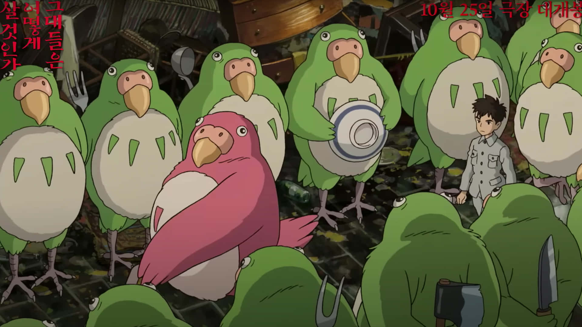 boy, green parrot-like creatures, cluttered room, Full HD Desktop Wallpaper