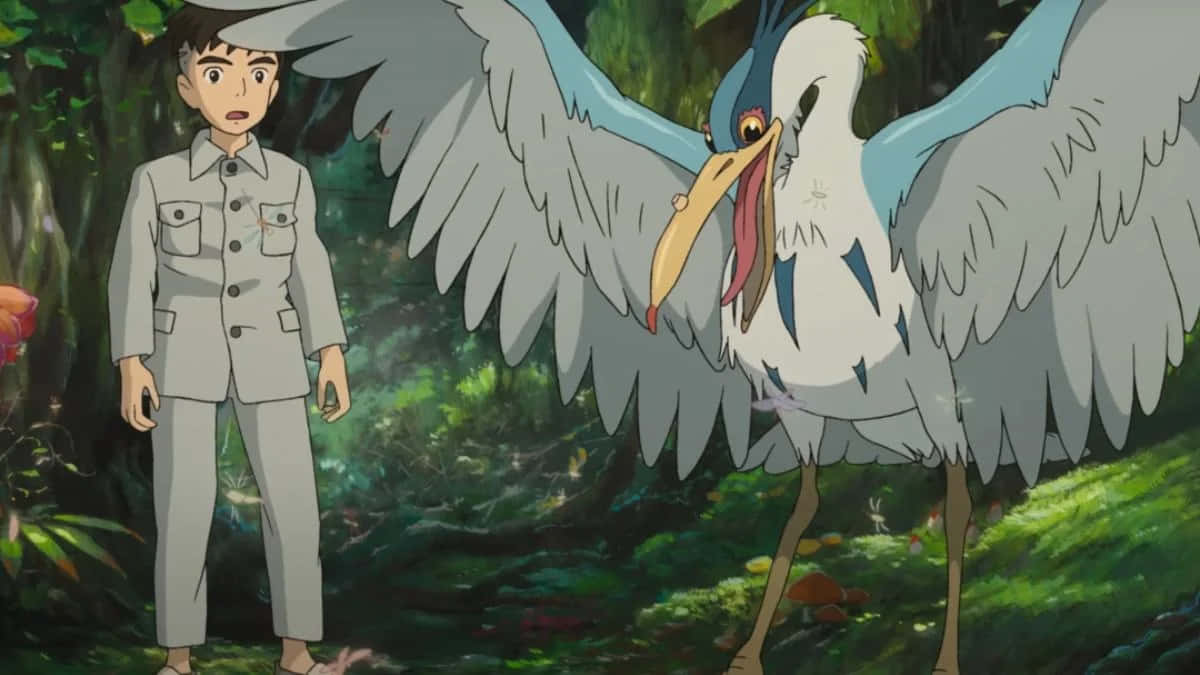 Boy And The Heron, gray suit, giant white bird, SD Desktop Wallpaper