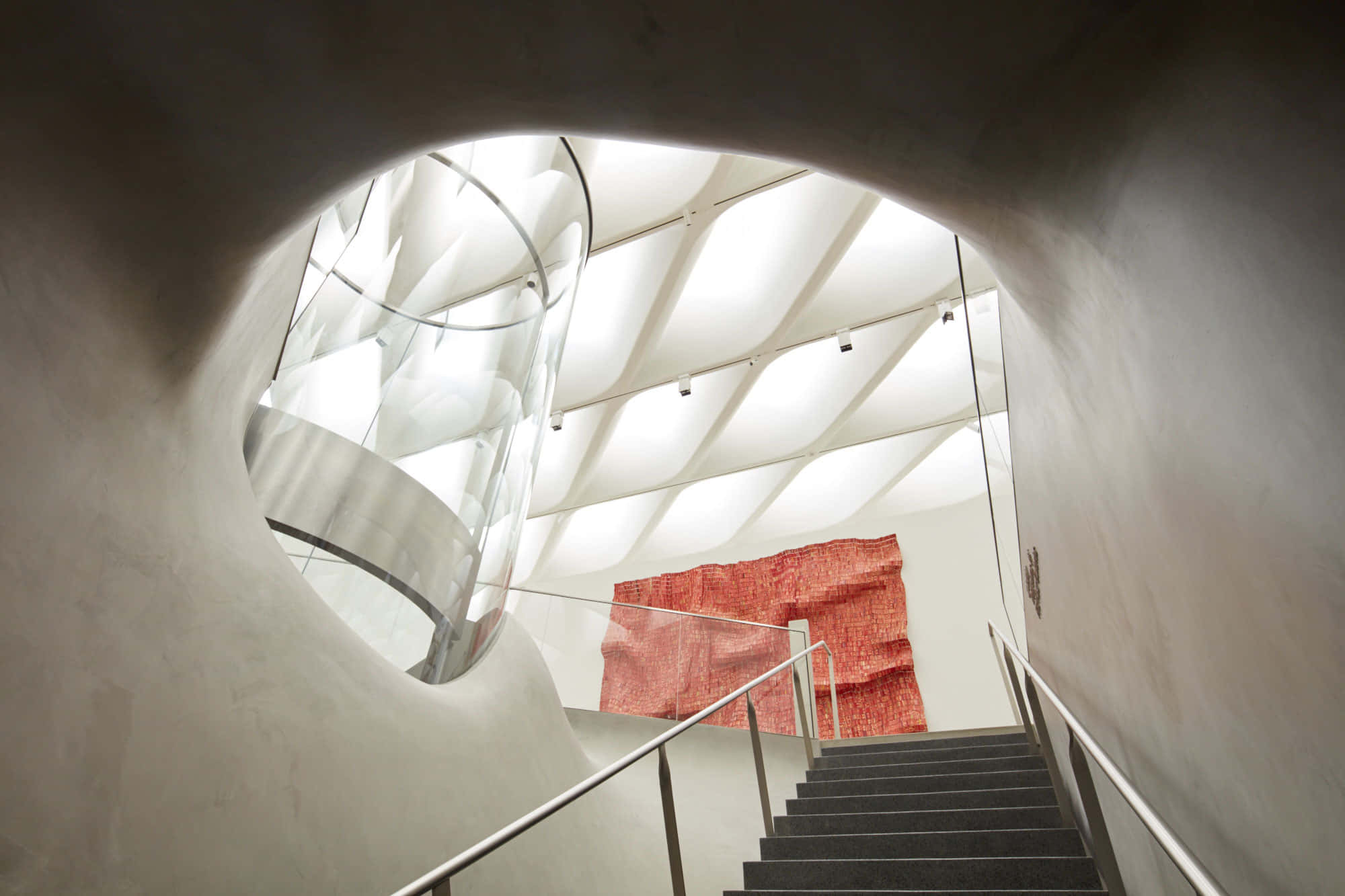 modern spiral staircase, glass railing, curved concrete tunnel, Full HD Desktop Wallpaper