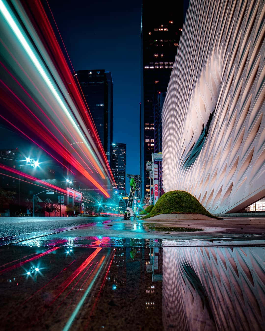 The Broad, neon light trails, wet city street, HD Phone Wallpaper
