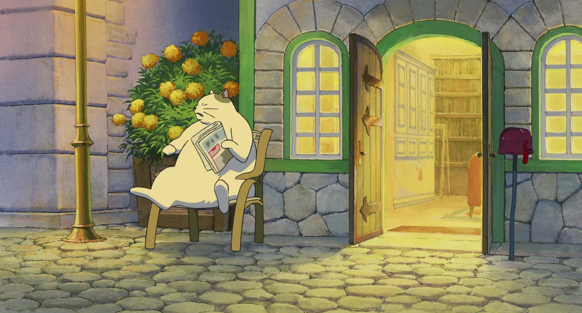 The Cat Returns, white cat, stone building, HD Desktop Wallpaper