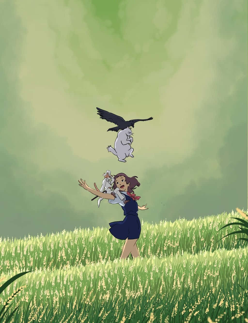 The Cat Returns, blue dress, sunlit wheat field, HD Phone Wallpaper