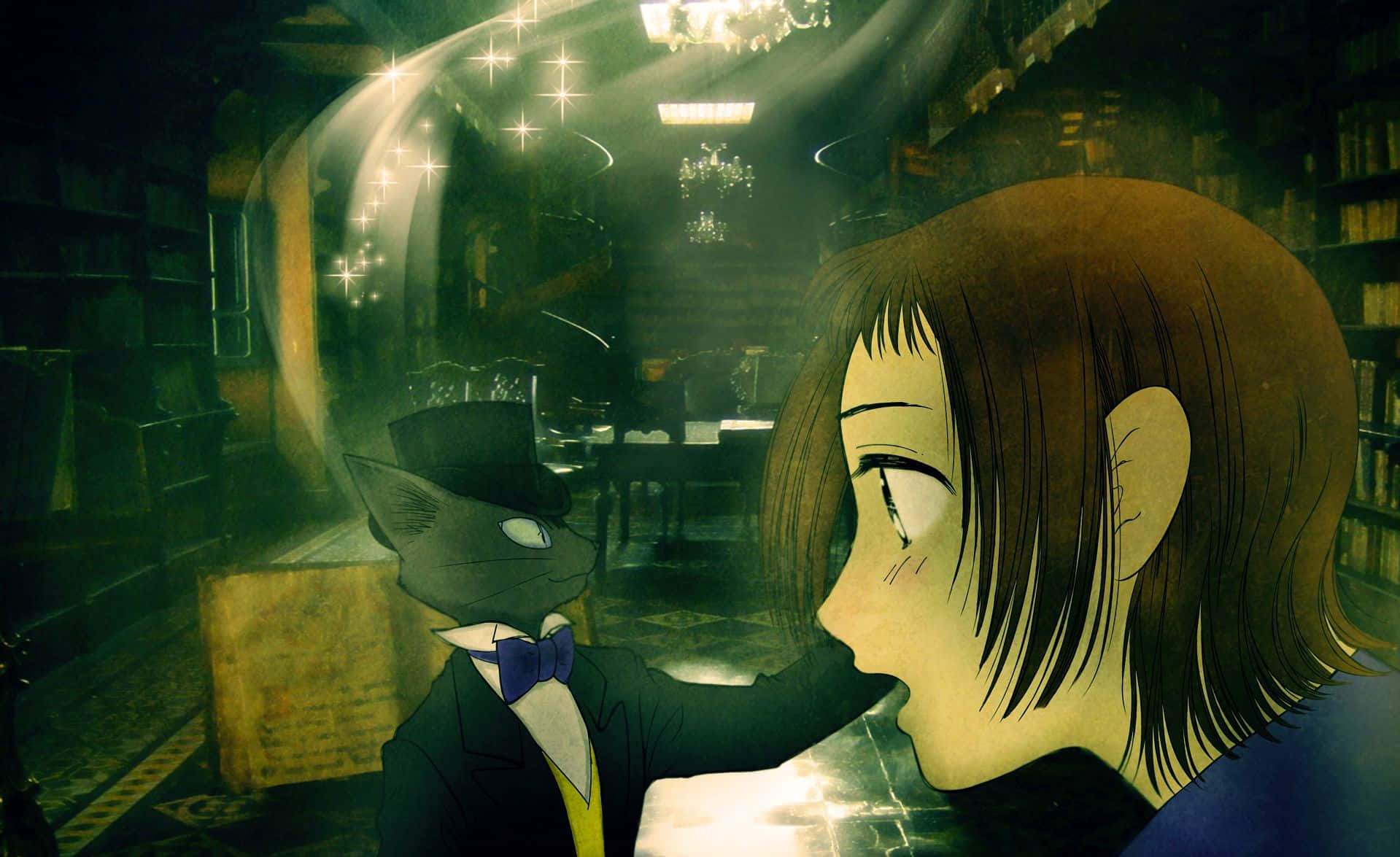 The Cat Returns, cat in a top hat and bow tie, dimly lit, HD Desktop Wallpaper