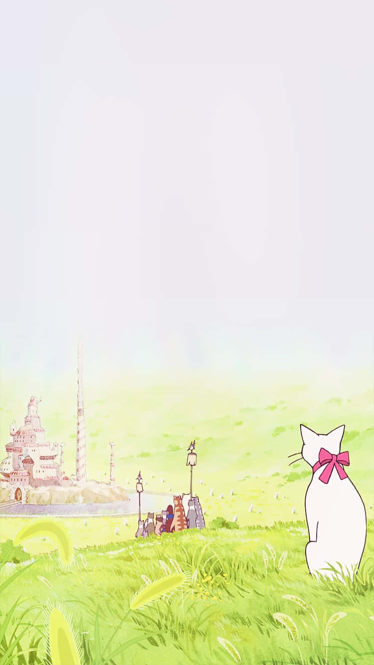 The Cat Returns, pink bow, grassy field, HD Phone Wallpaper