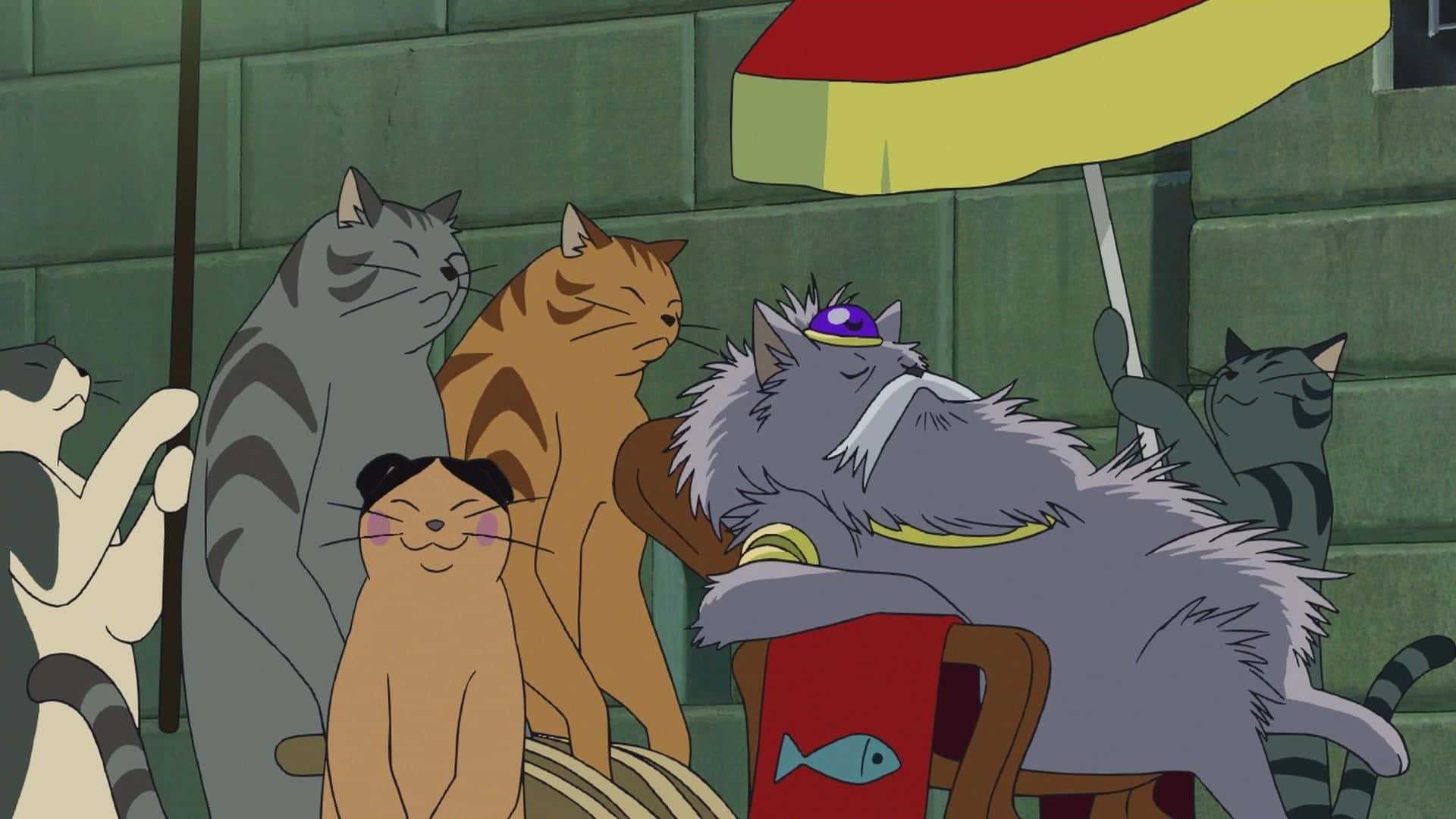 The Cat Returns, cartoon cats, red and yellow umbrella, Full HD Desktop Wallpaper