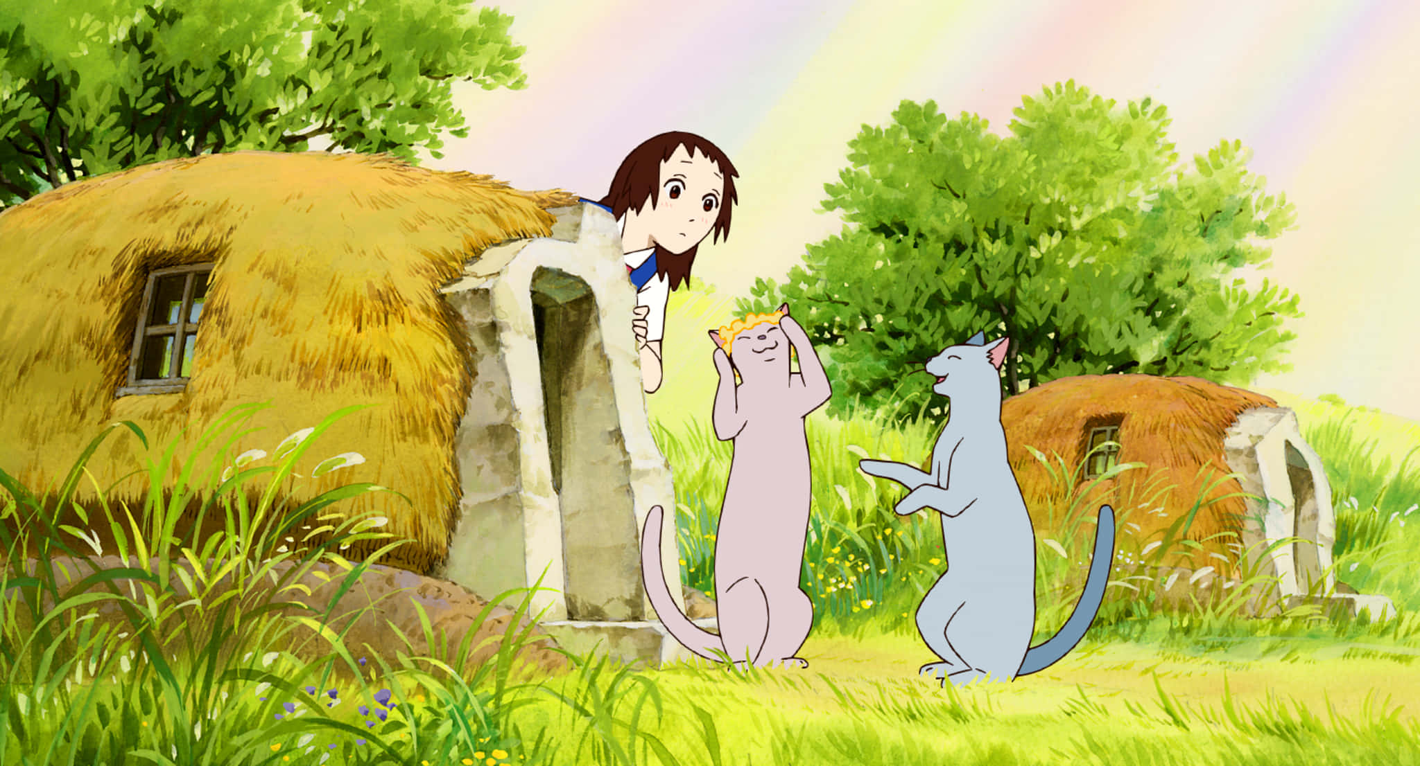 The Cat Returns, thatched hut, sunlit grassy field, Full HD Desktop Wallpaper