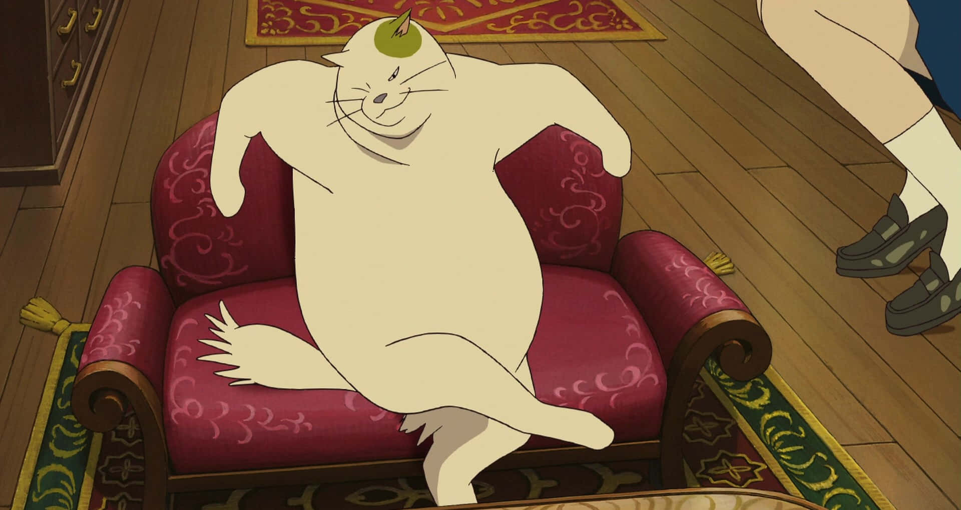 The Cat Returns, plump white cat, green hat, Full HD Desktop Wallpaper