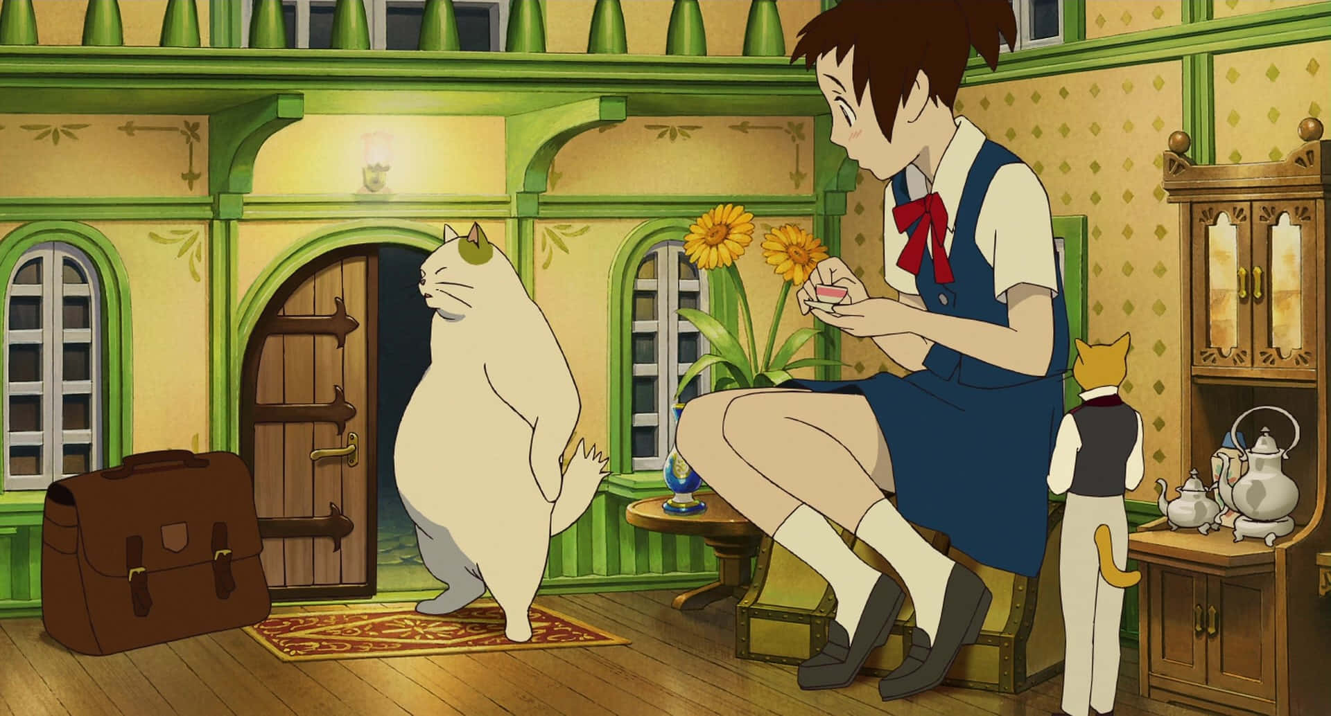 The Cat Returns, blue dress, white cat, Full HD Desktop Wallpaper