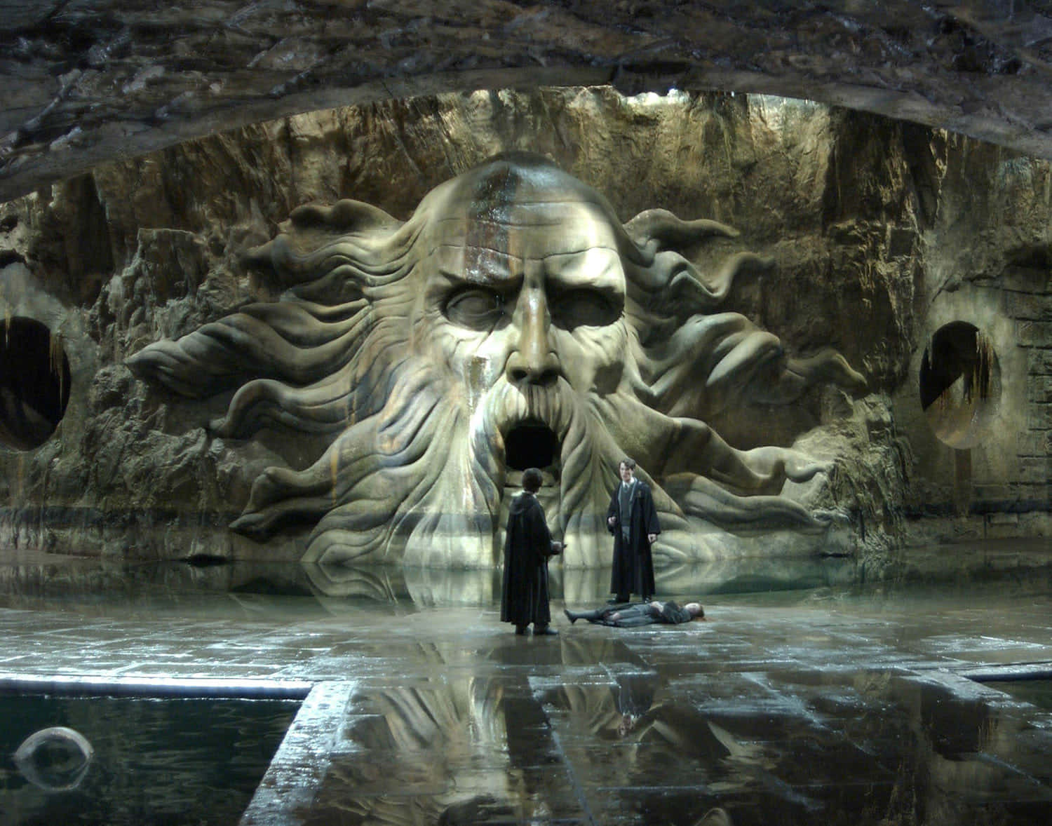 The Chamber Of Secrets, stone face, cavernous chamber, HD Desktop Wallpaper