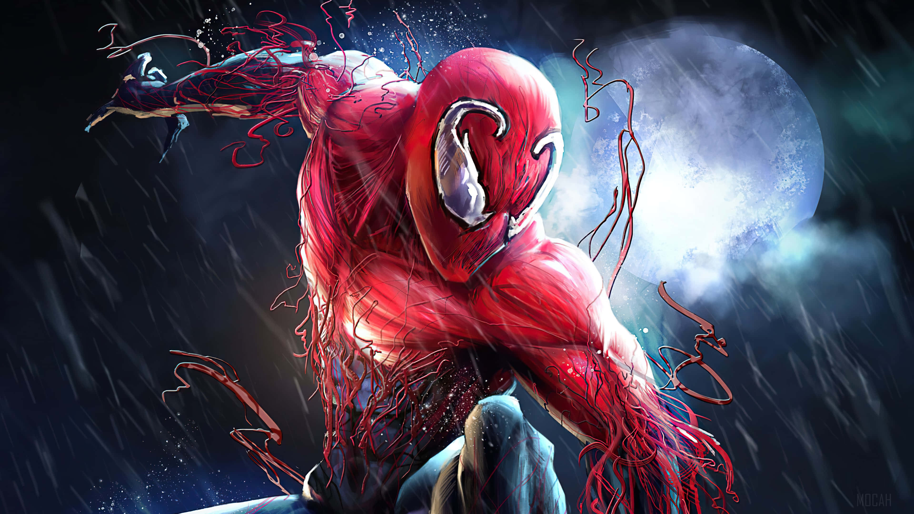 symbiote, red-suited, glowing moon, 4K Desktop Wallpaper