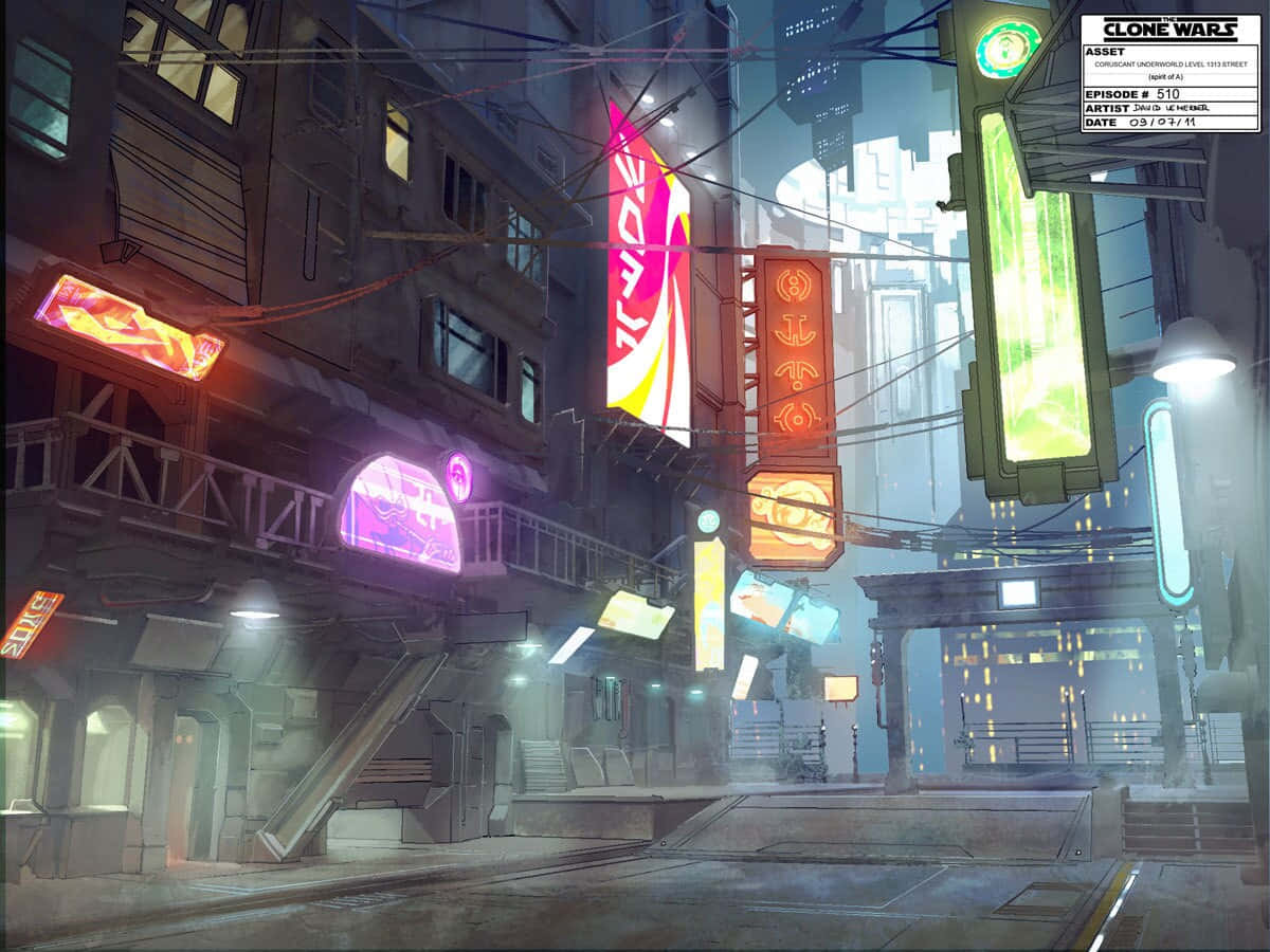 Coruscant Underworld, neon-lit futuristic city street, night, SD Desktop Wallpaper