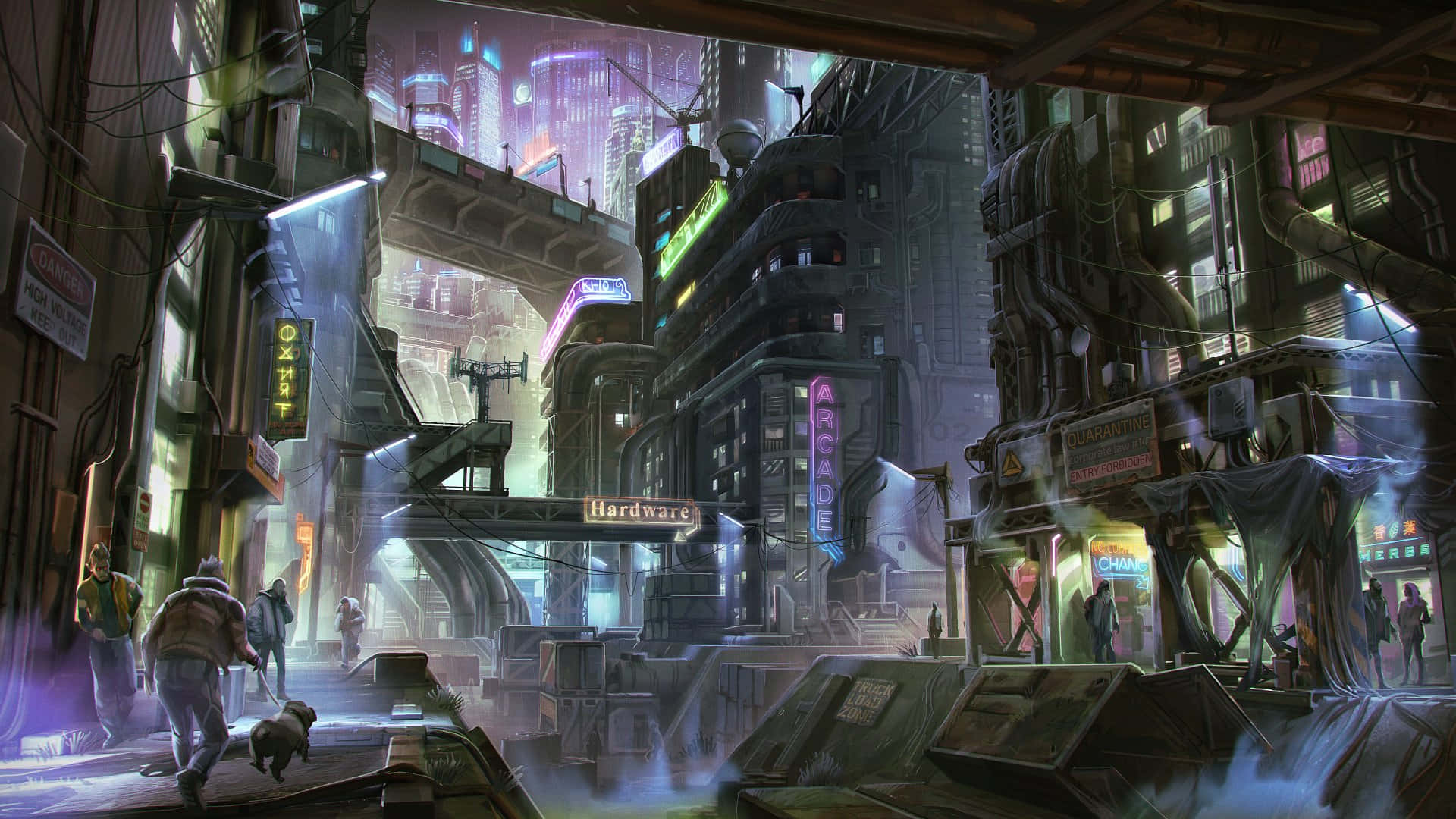 Coruscant, neon-lit cyberpunk alleyway, towering buildings, Full HD Desktop Wallpaper
