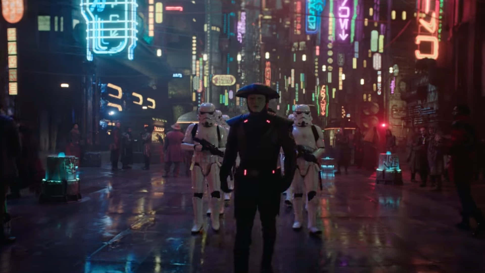 The Coruscant Underworld, neon-lit rain-slicked futuristic street, stormtroopers, Full HD Desktop Wallpaper