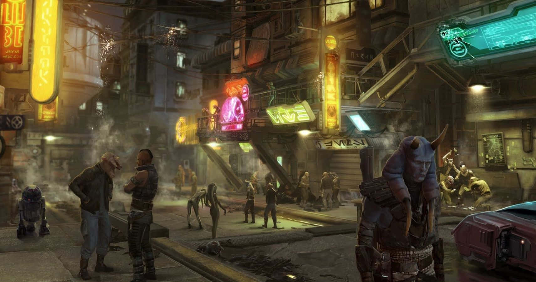 The Coruscant Underworld, Coruscant, neon-lit cyberpunk alleyway, HD Desktop Wallpaper