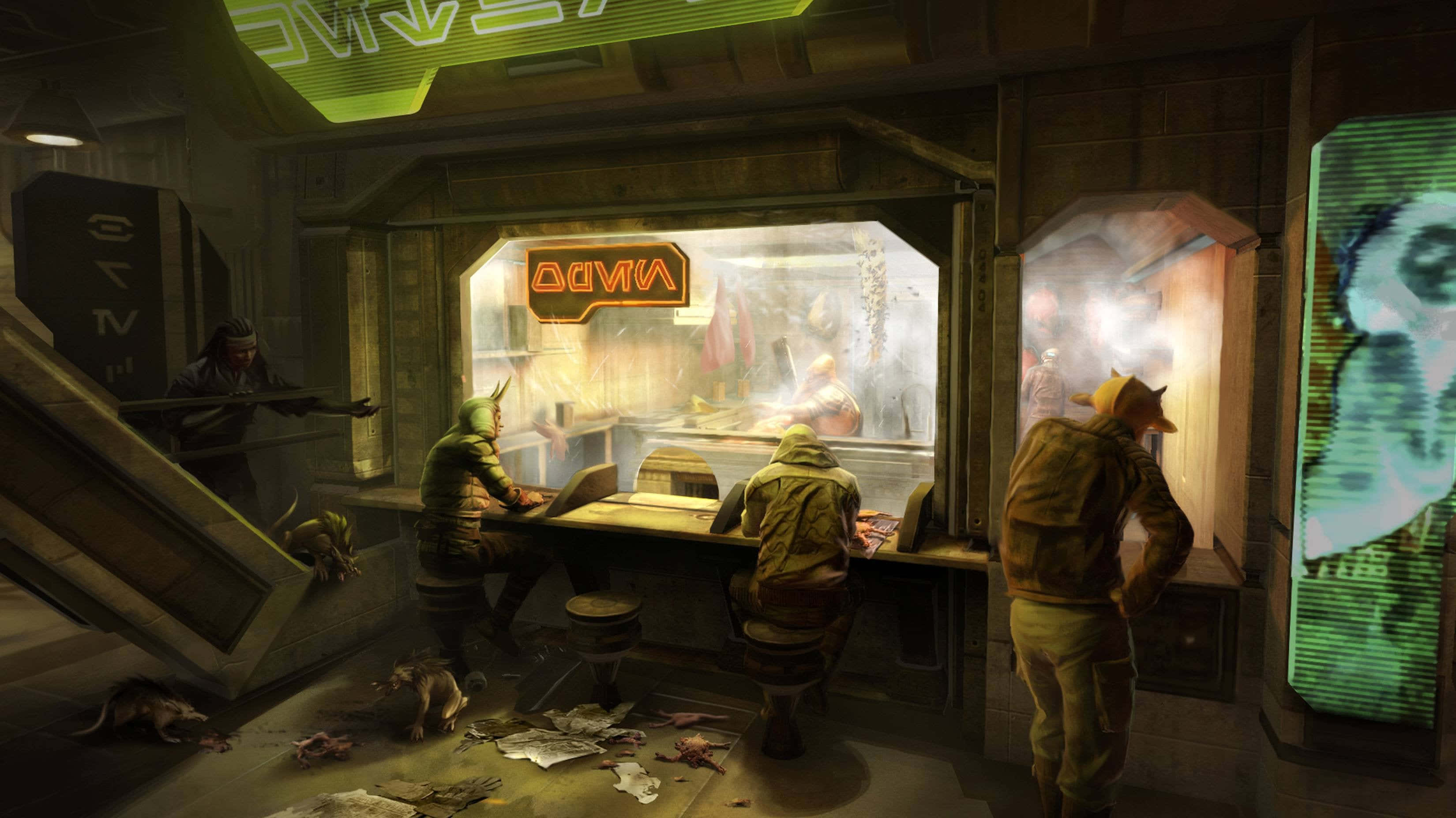 The Coruscant Underworld, neon signs, hooded gear, 2K Desktop Wallpaper