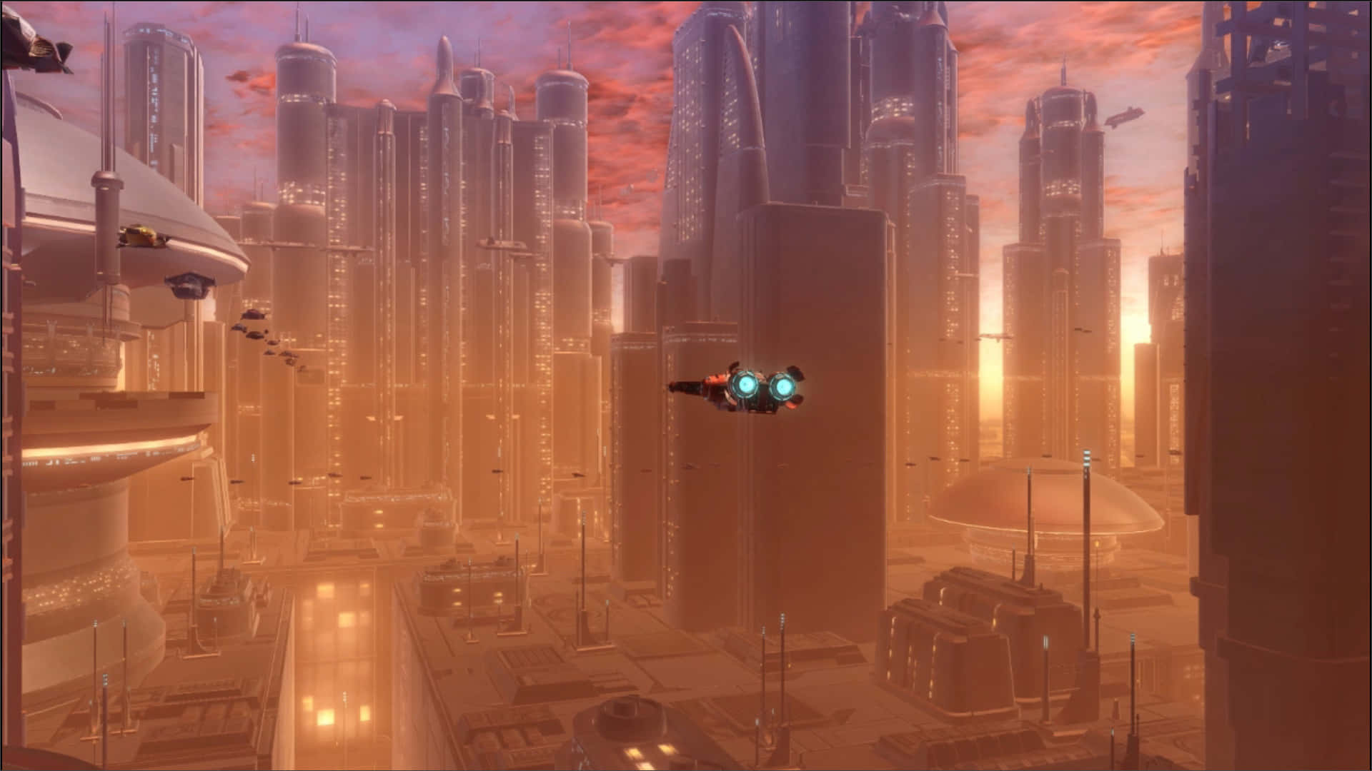 Coruscant, golden sunset light, flying vehicles, Full HD Desktop Wallpaper