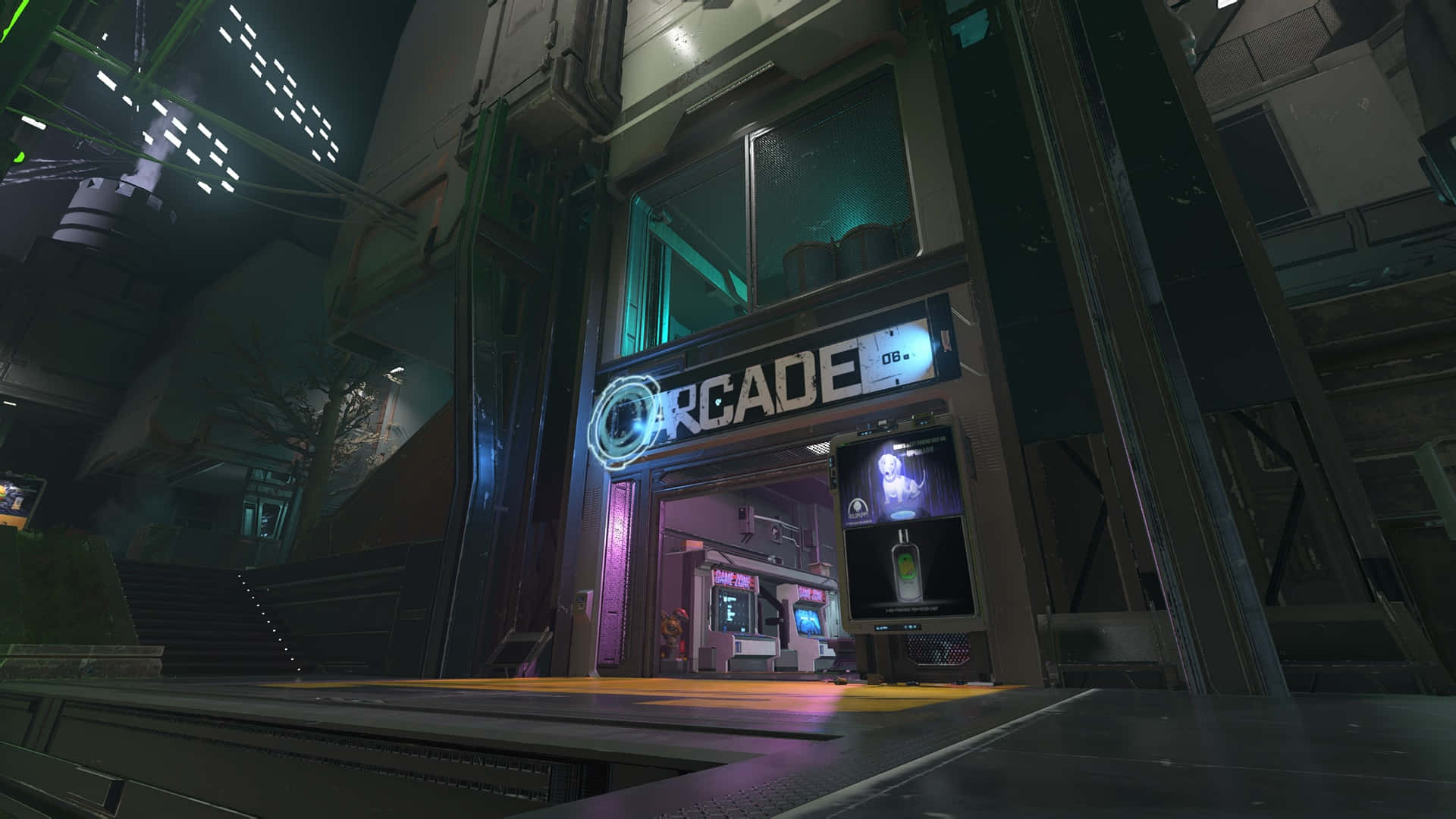 Coruscant Underworld, neon-lit arcade entrance, teal and purple lights, Full HD Desktop Wallpaper