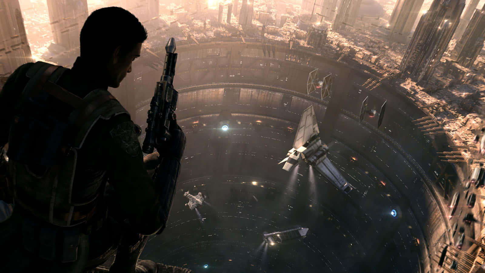 Coruscant Underworld, futuristic cityscape, starfighters, HD Desktop Wallpaper