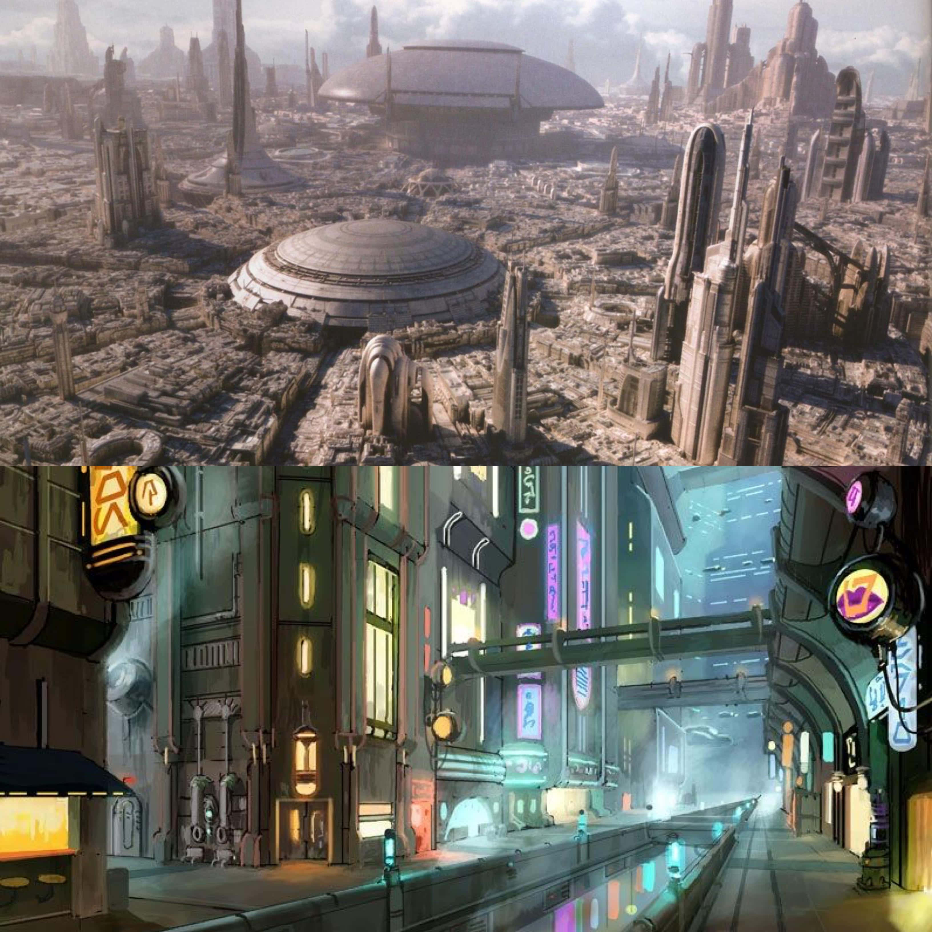 The Coruscant Underworld, futuristic cityscape, towering metallic structures, 2K Desktop Wallpaper