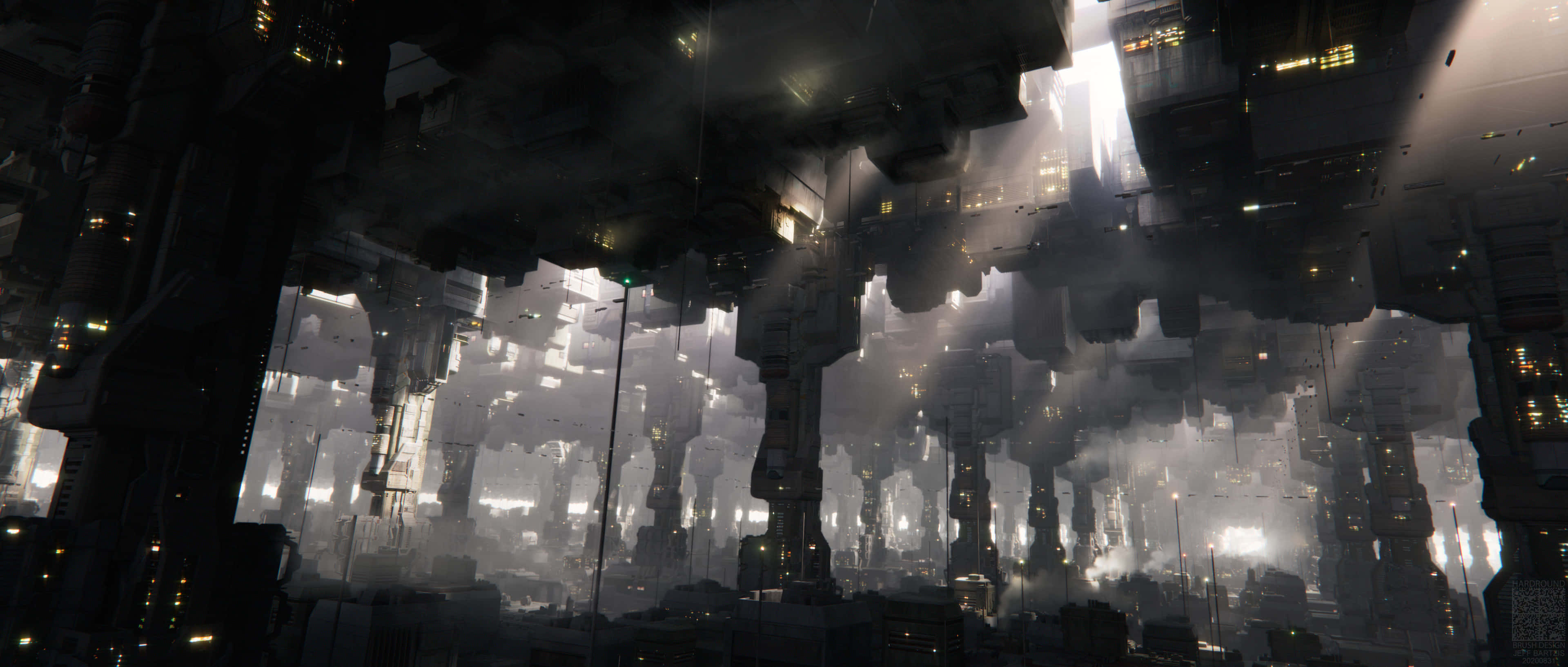 Coruscant Underworld, inverted cityscape, glowing windows, 4K Desktop Wallpaper