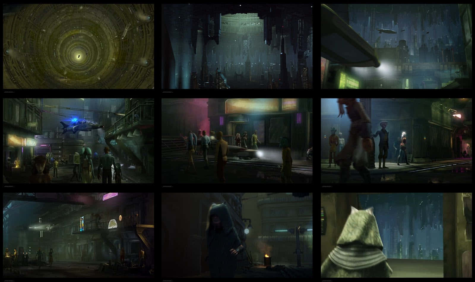 Coruscant Underworld, neon lights, rainy cyberpunk cityscape, HD Desktop Wallpaper