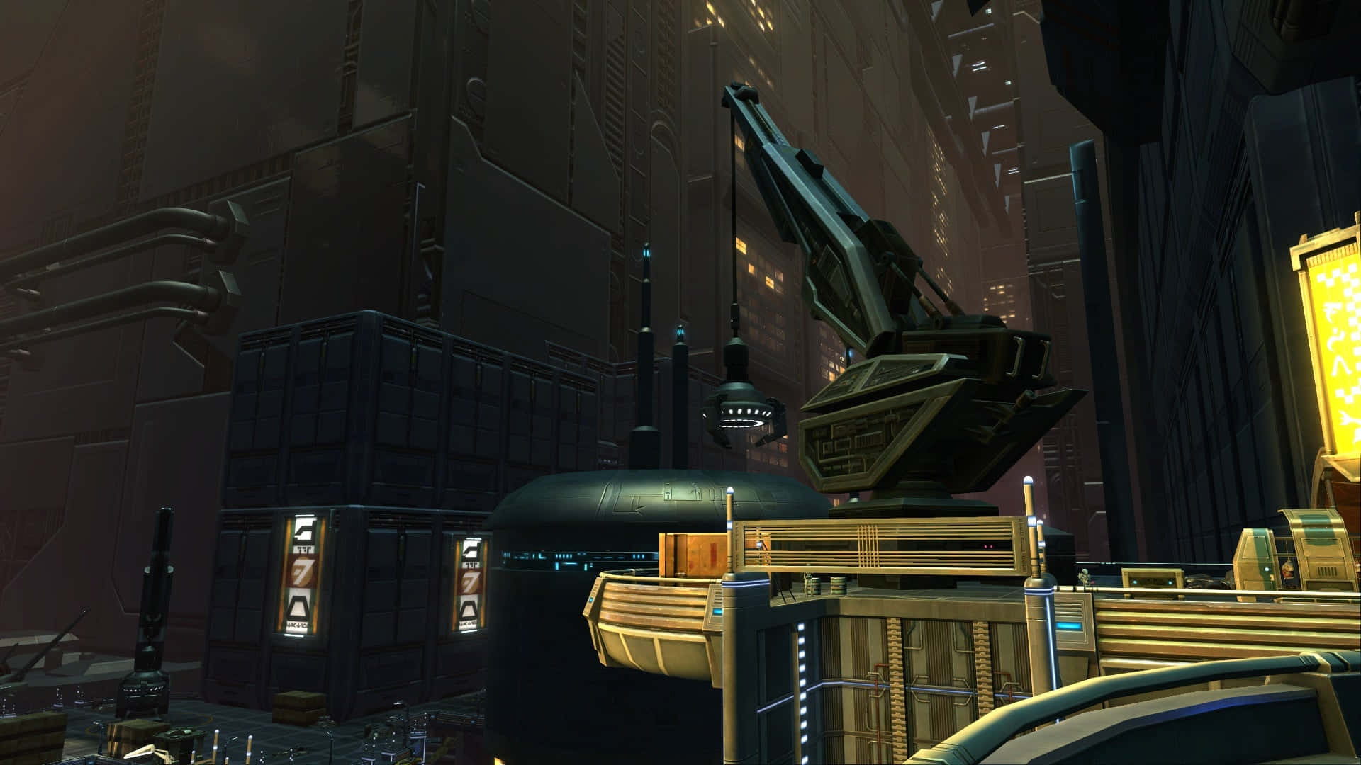 Coruscant Underworld, futuristic cityscape, towering metallic structures, Full HD Desktop Wallpaper