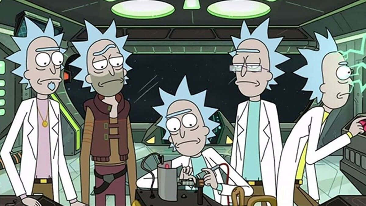 The Council of Ricks, lab coats, spaceship cockpit, SD Desktop Wallpaper