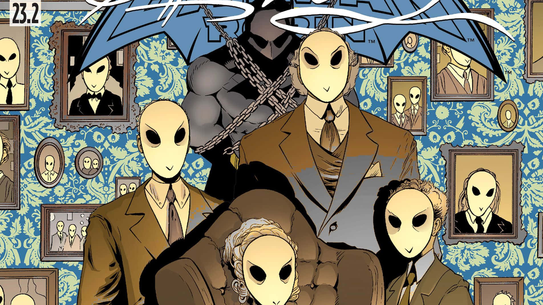 The Court of Owls, blue patterned wallpaper, ornate portraits, HD Desktop Wallpaper