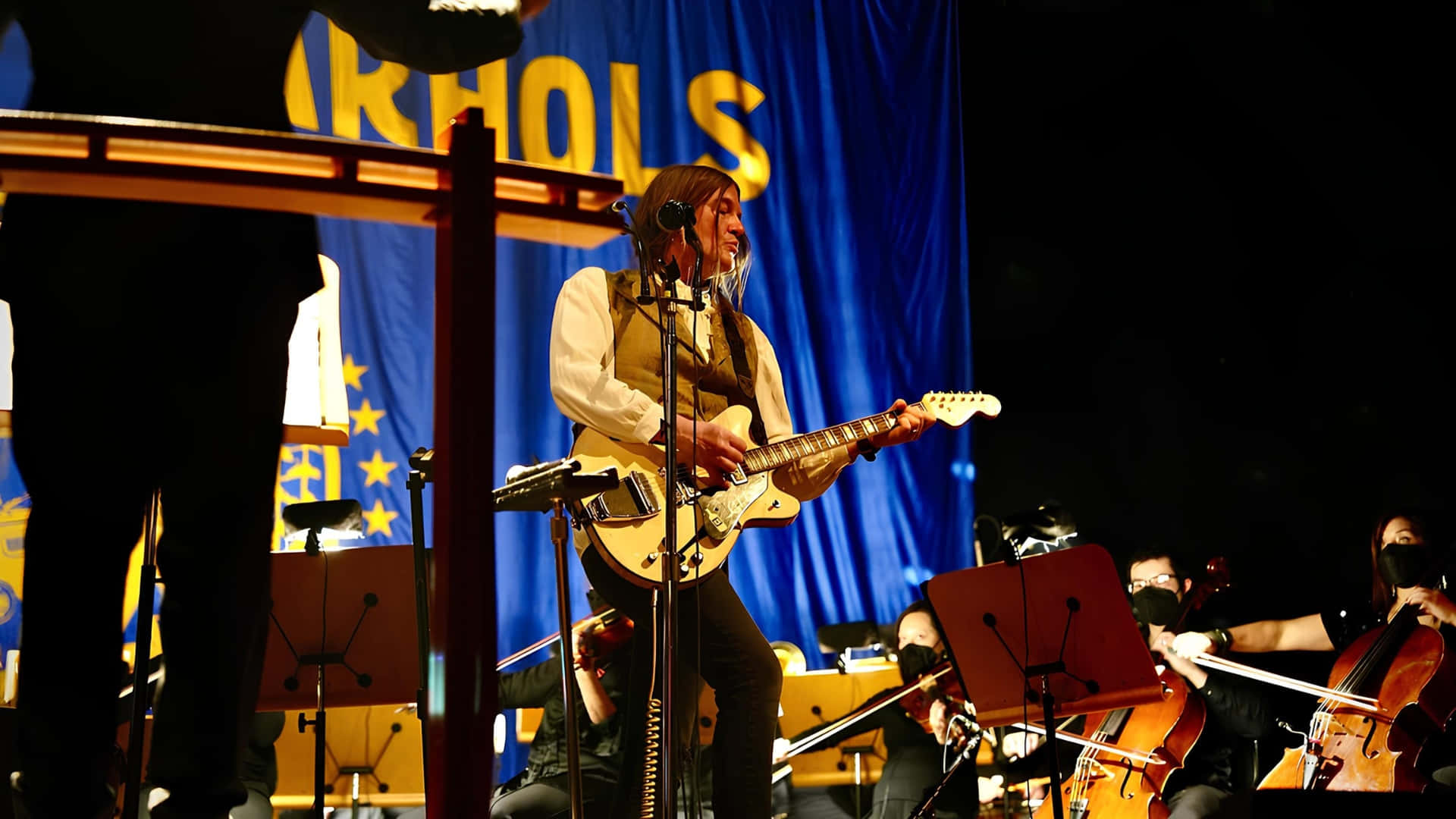 The Dandy Warhols, light wood electric guitar, warm spotlights, Full HD Desktop Wallpaper