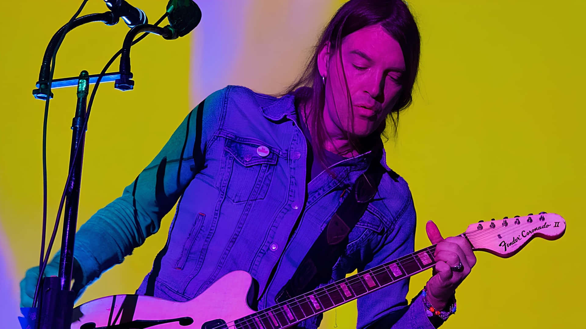 The Dandy Warhols, pink Fender Coronado II electric guitar, vibrant purple stage lights, Full HD Desktop Wallpaper