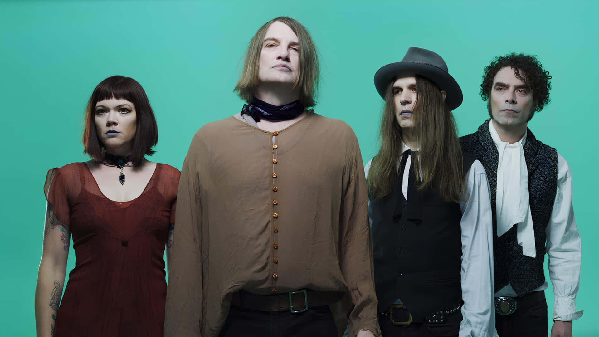 The Dandy Warhols, teal backdrop, vintage-inspired outfits, Full HD Desktop Wallpaper