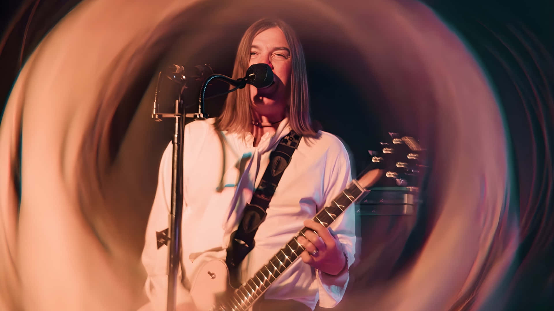 The Dandy Warhols, white electric guitar, swirling warm light tunnel, Full HD Desktop Wallpaper