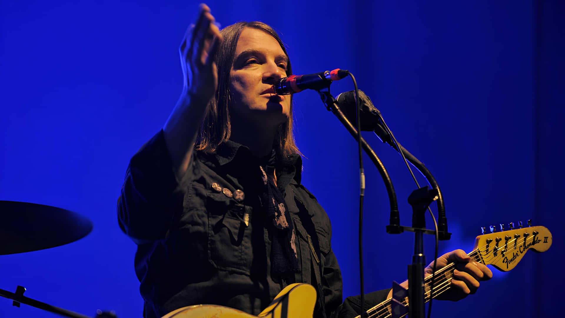 The Dandy Warhols, yellow Fender Telecaster, blue stage lights, Full HD Desktop Wallpaper