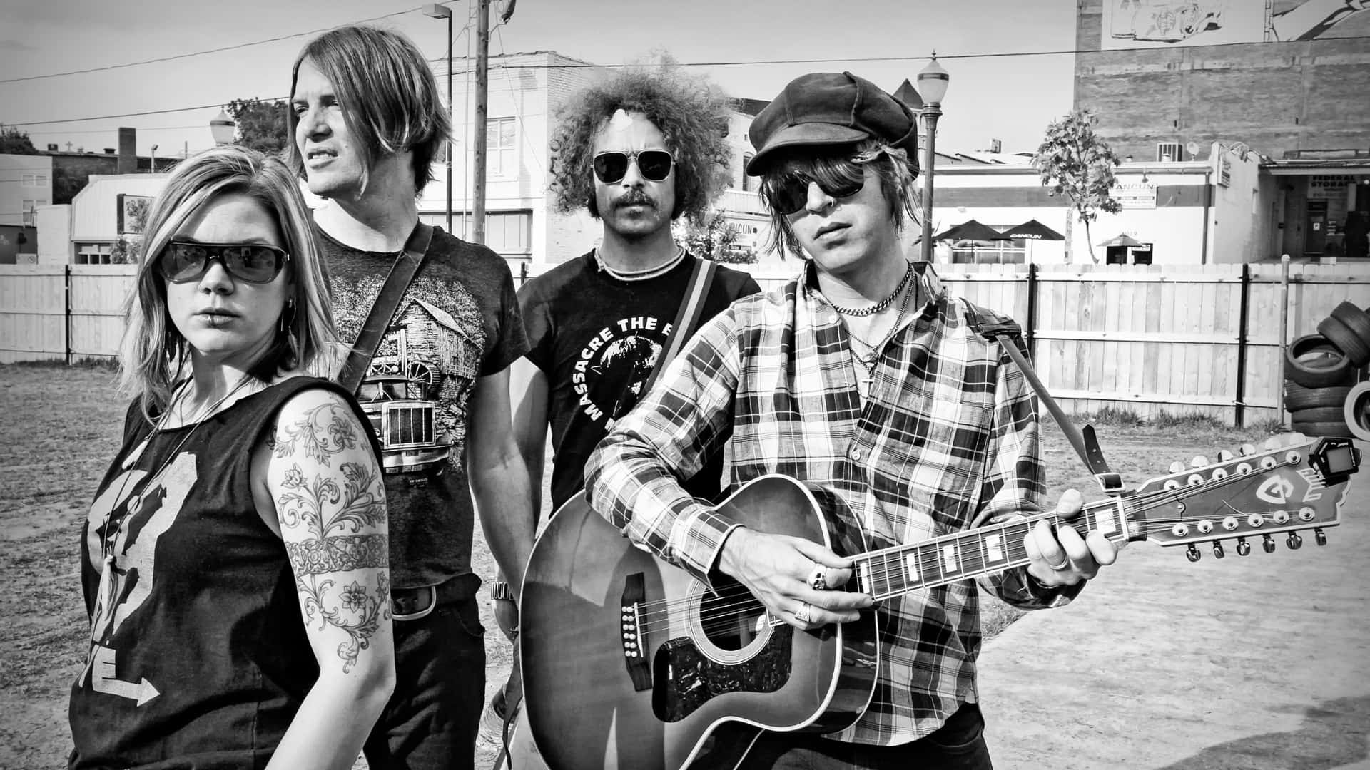 The Dandy Warhols, 12-string guitar, black and white photo, Full HD Desktop Wallpaper
