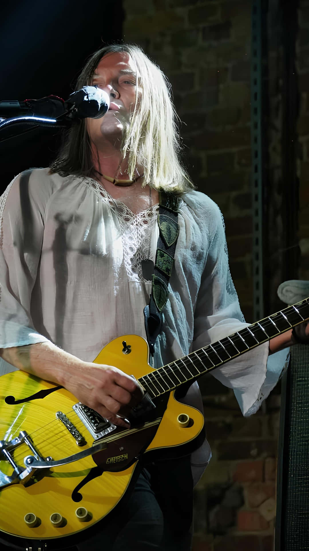 The Dandy Warhols, bright yellow Gretsch guitar, brick stage, Full HD Phone Wallpaper