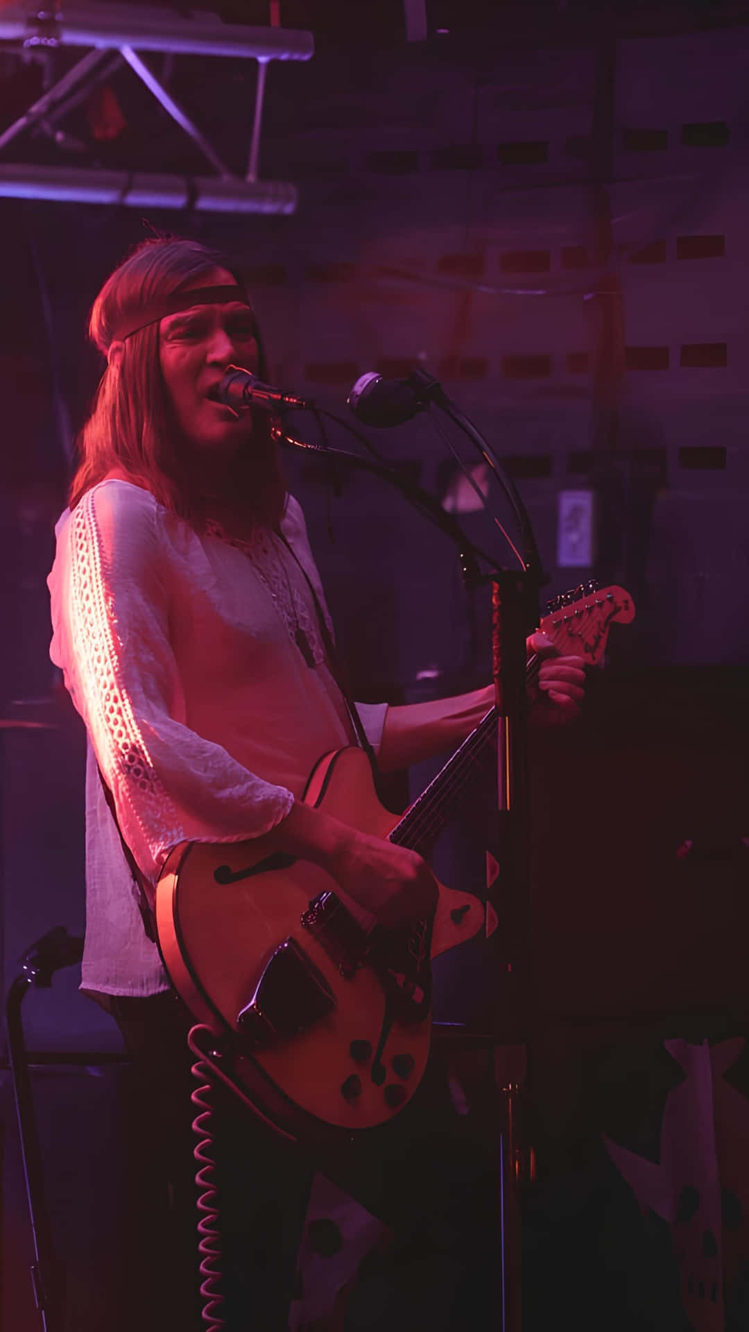 The Dandy Warhols, sunburst electric guitar, purple stage lights, Full HD Phone Wallpaper