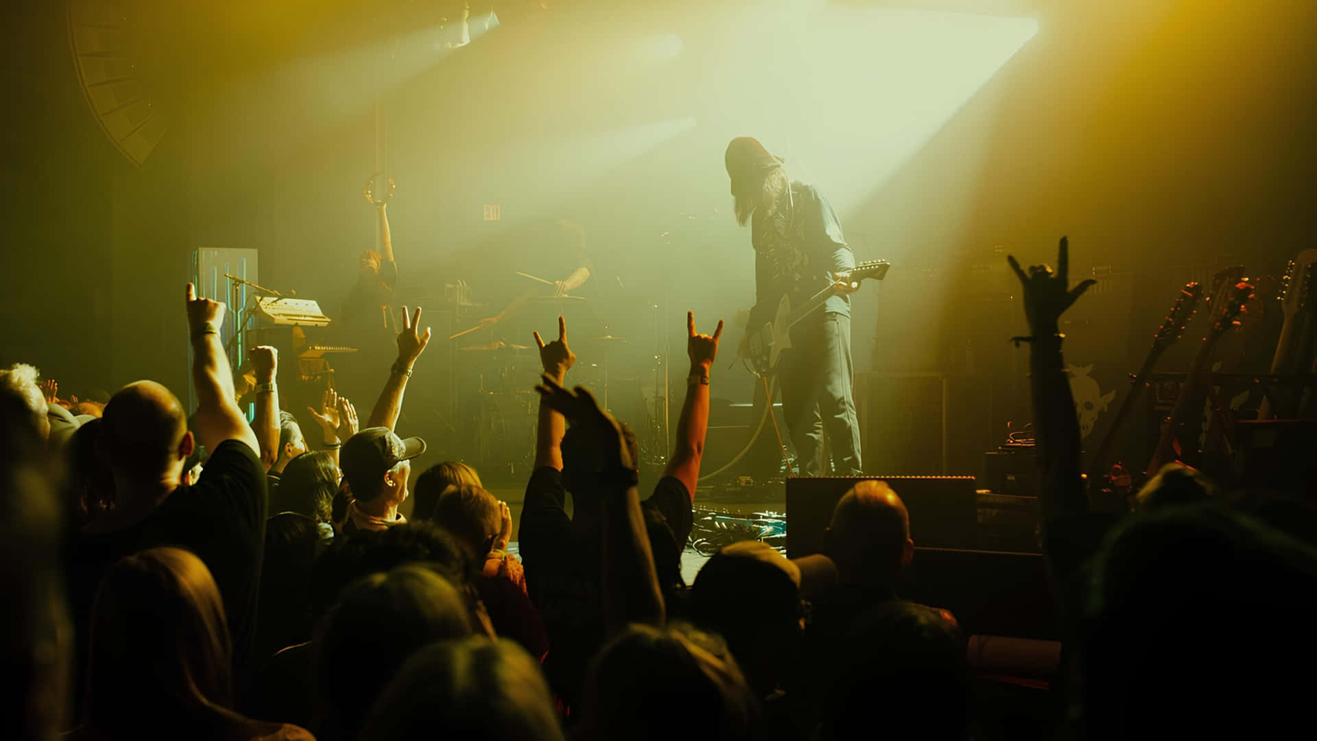 The Dandy Warhols, golden stage lights, smoky concert venue, Full HD Desktop Wallpaper