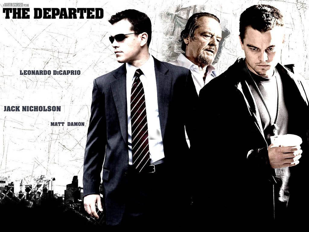 The Departed, black and white movie poster, three intense actors, SD Desktop Wallpaper