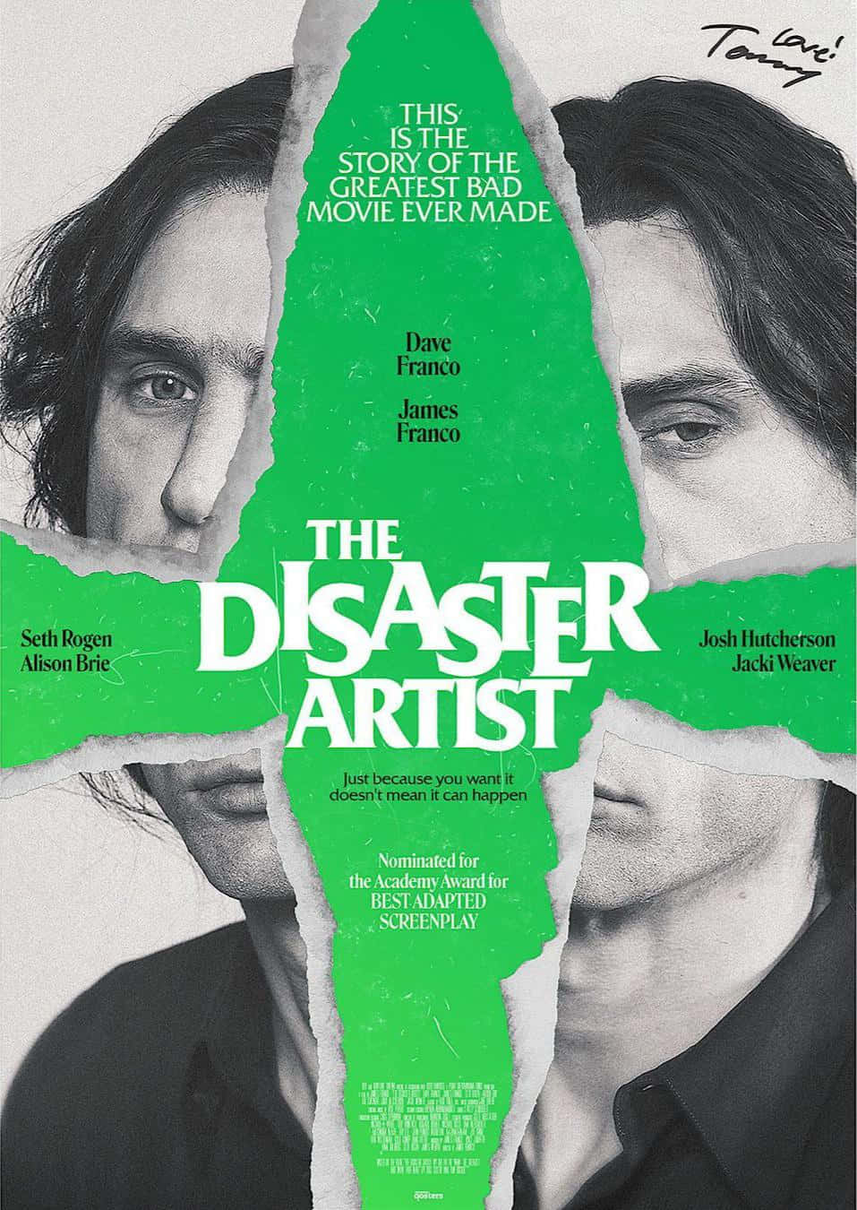 The Disaster Artist, green poster, black and white portraits, HD Phone Wallpaper