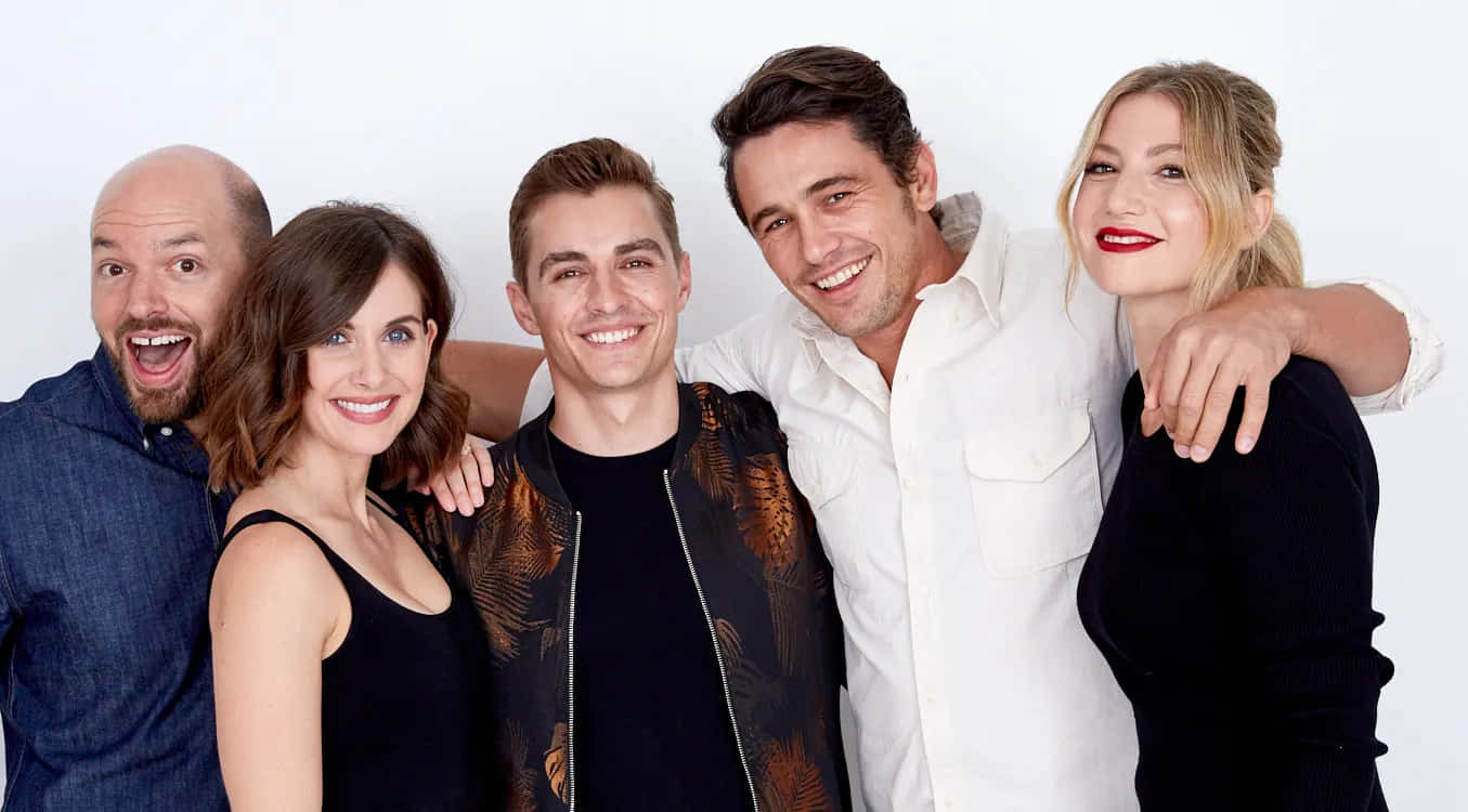 The Disaster Artist, cast portrait, five smiling actors, HD Desktop Wallpaper