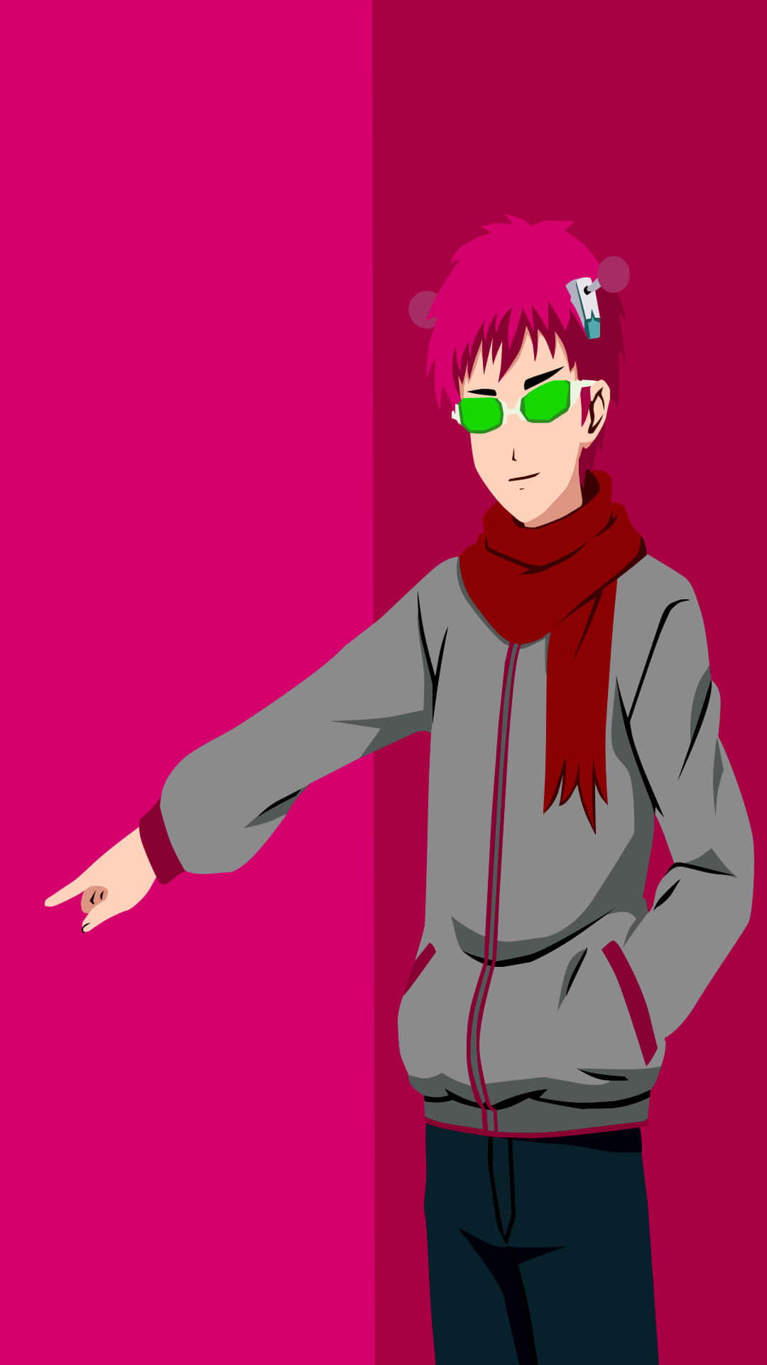 Saiki K, pink hair, green glasses, Full HD Phone Wallpaper